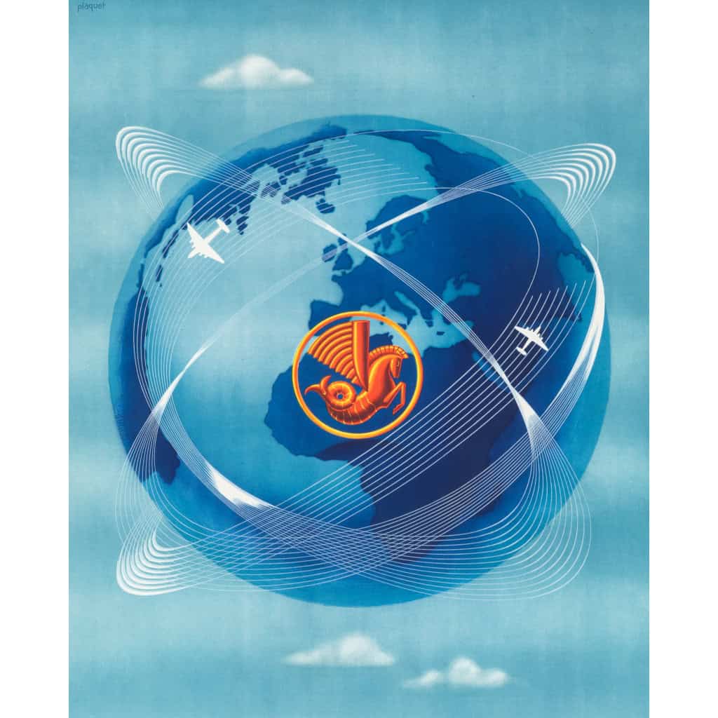 Affiche Air France Originale, Plaquet, Réseau Aérien Mondial, Transport, Voyage, Aviation, Avion, Vol, Globe, Monde, 1948 5