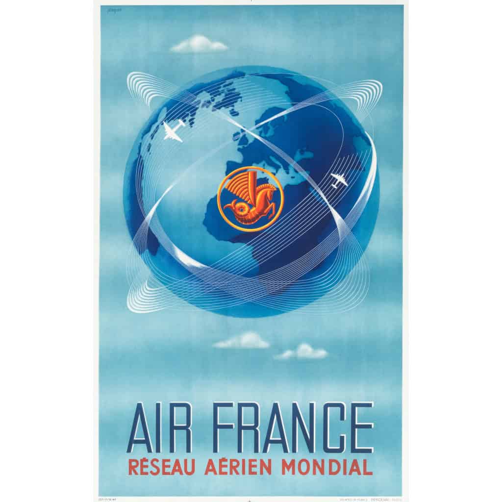 Affiche Air France Originale, Plaquet, Réseau Aérien Mondial, Transport, Voyage, Aviation, Avion, Vol, Globe, Monde, 1948 3