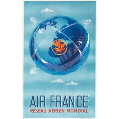 Affiche Air France Originale, Plaquet, Réseau Aérien Mondial, Transport, Voyage, Aviation, Avion, Vol, Globe, Monde, 1948