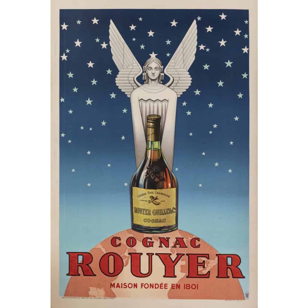 Affiche Originale, Pub TH, Cognac Rouyer, Alcool, Liqueur, Spiritueux, Distillerie, Eau de Vie, Bouteille, Boisson, Vin, Champagne, Ange, Globe, Ciel, Etoiles, 1945 3