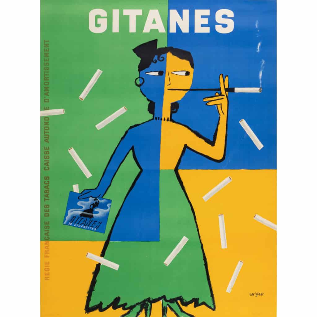 Affiche Originale, Raymond Savignac, Gitanes, Cigarettes, Tabac, Fumeur, Paquet, Cartouche, Filtre, Fumée, Cendre, Femme, 1953 3