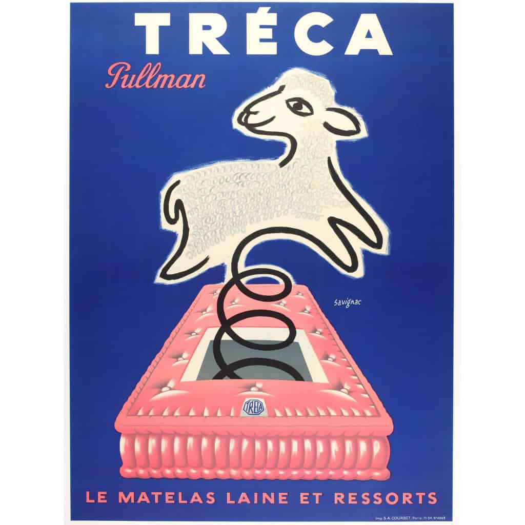 Affiche Originale, Raymond Savignac, Tréca, Pullman, Literie, Lit, Sommier, Matelas, Laine, Mouton, Fourrure, Ressort, Mobilier, Sommeil, 1954 3