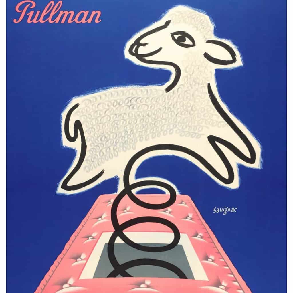 Affiche Originale, Raymond Savignac, Tréca, Pullman, Literie, Lit, Sommier, Matelas, Laine, Mouton, Fourrure, Ressort, Mobilier, Sommeil, 1954 4