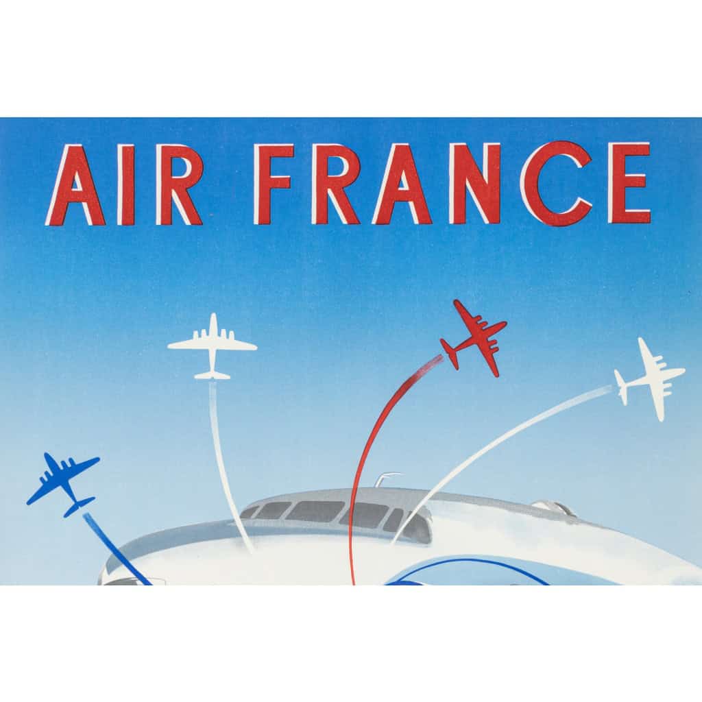 Affiche Air France Originale, Renluc, Transport, Voyage, Réseau Aérien, Aviation, Avion, Vol, Quadrimoteur, Flèche, 1951 4