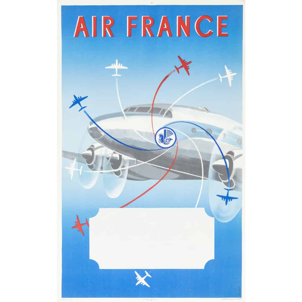 Affiche Air France Originale, Renluc, Transport, Voyage, Réseau Aérien, Aviation, Avion, Vol, Quadrimoteur, Flèche, 1951 3