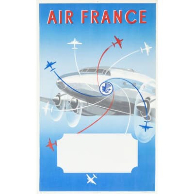 Affiche Air France Originale, Renluc, Transport, Voyage, Réseau Aérien, Aviation, Avion, Vol, Quadrimoteur, Flèche, 1951