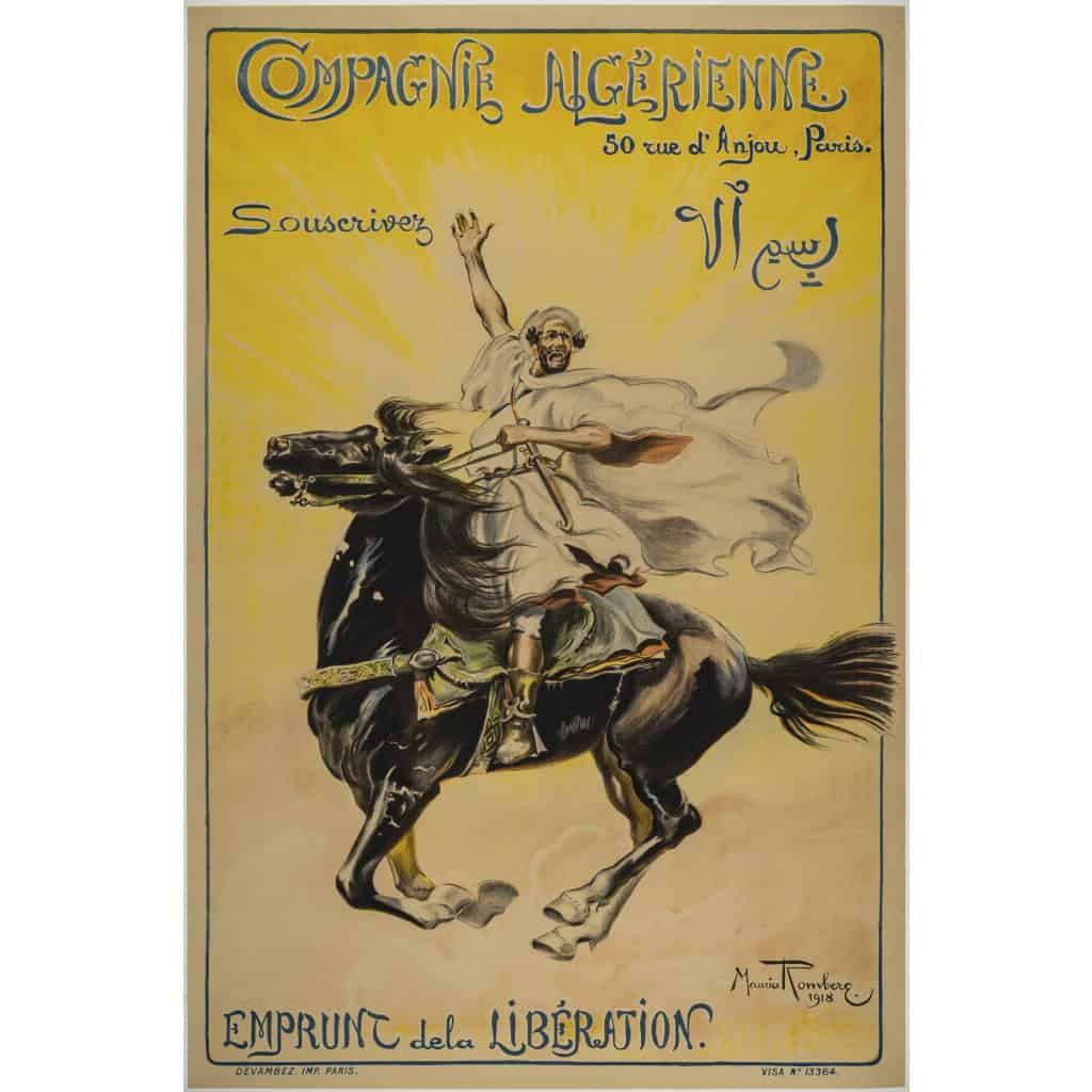 Affiche Originale, Maurice Romberg, Compagnie Algérienne, Emprunt de la Libération, Souscrivez, Orientalisme, Cavalier, Arabe, Ottoman, Cheval, Galop, Sabre, Afrique du Nord, Maghreb, 1918 3