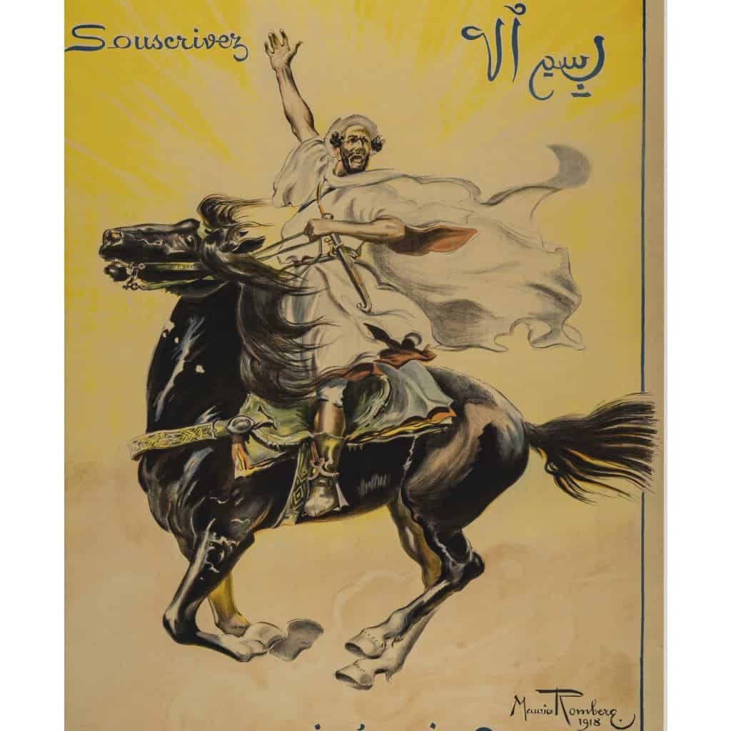 Affiche Originale, Maurice Romberg, Compagnie Algérienne, Emprunt de la Libération, Souscrivez, Orientalisme, Cavalier, Arabe, Ottoman, Cheval, Galop, Sabre, Afrique du Nord, Maghreb, 1918 5