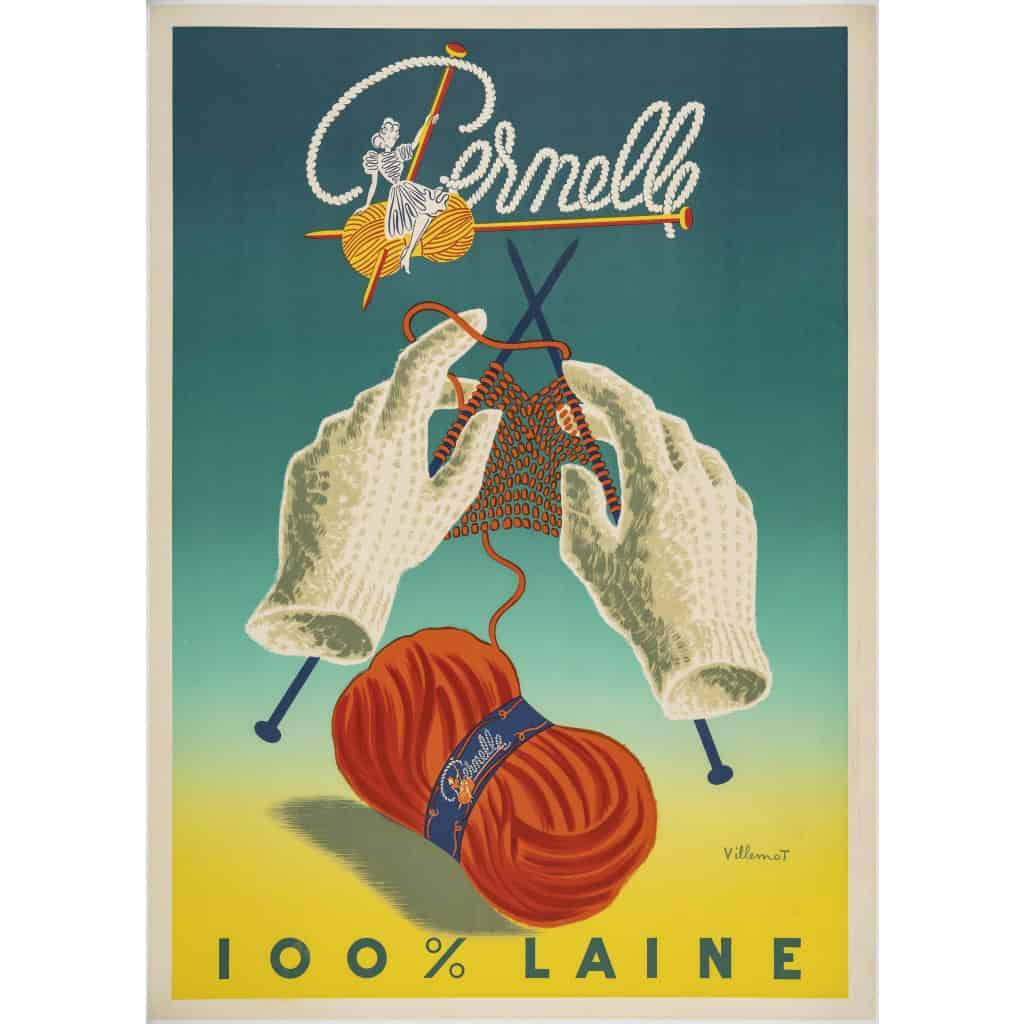 Affiche Originale, Bernard Villemot, Pernelle, Laine, Mode, Textile, Tissu, Couture, Tricot, Pelote, Fil, Gants, Maille, Sorcière, c.1950 3