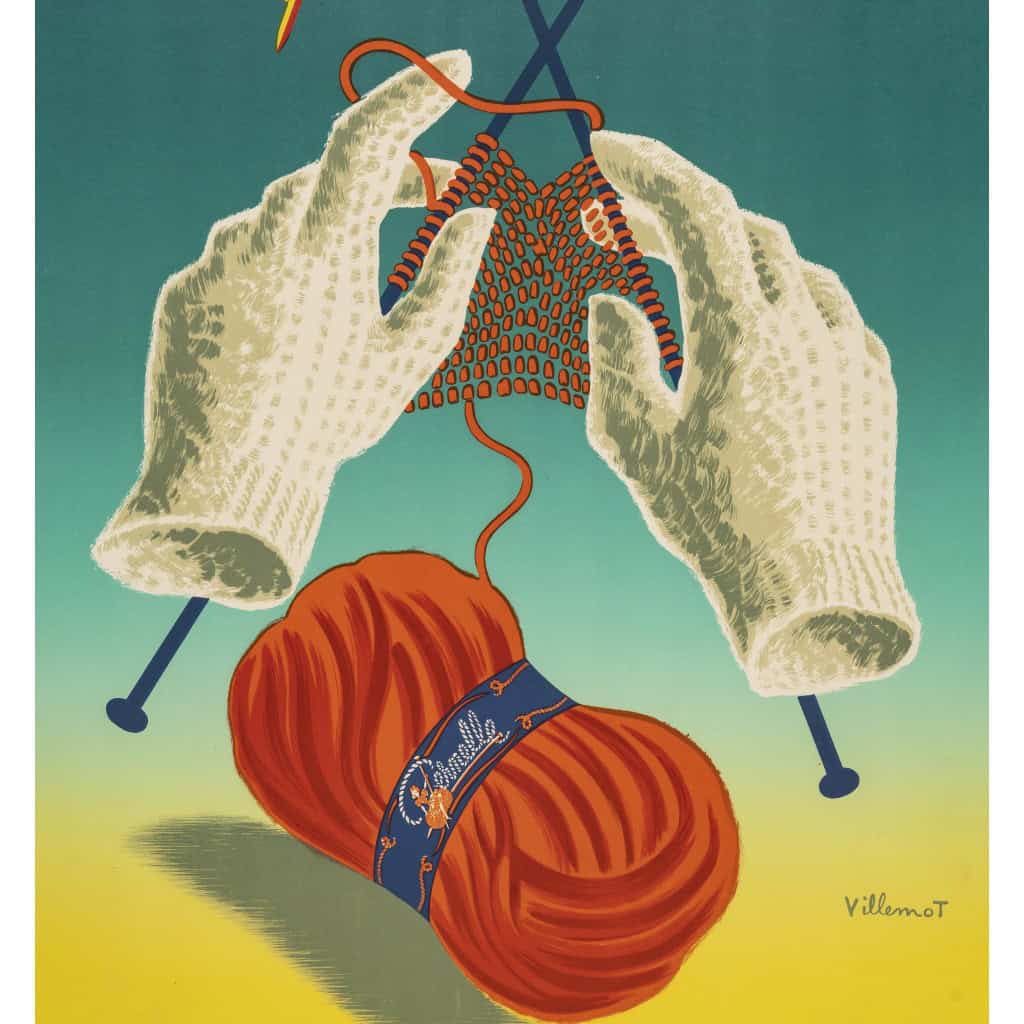 Affiche Originale, Bernard Villemot, Pernelle, Laine, Mode, Textile, Tissu, Couture, Tricot, Pelote, Fil, Gants, Maille, Sorcière, c.1950 7