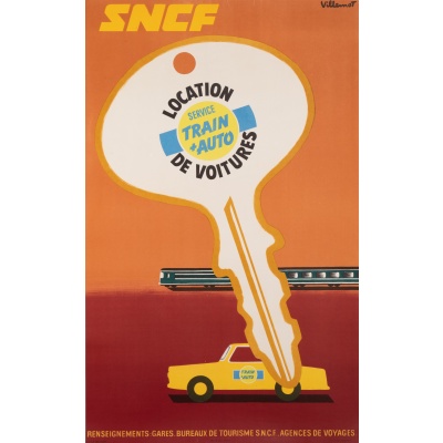 Affiche Originale, Bernard Villemot, SNCF, Chemins de Fer, Tourisme, Transport, Voyage, Trains, Voitures, Automobile, Véhicule, Location, Clé, 1971