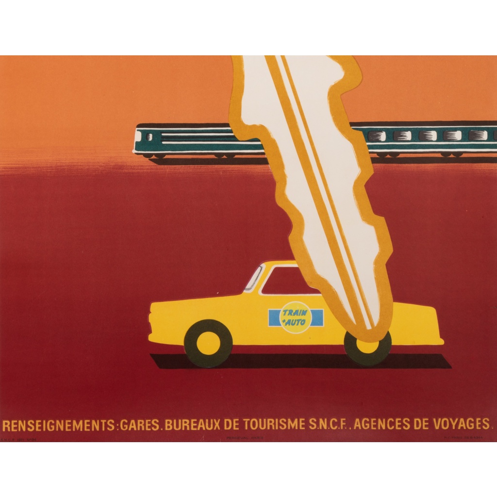 Affiche Originale, Bernard Villemot, SNCF, Chemins de Fer, Tourisme, Transport, Voyage, Trains, Voitures, Automobile, Véhicule, Location, Clé, 1971 6