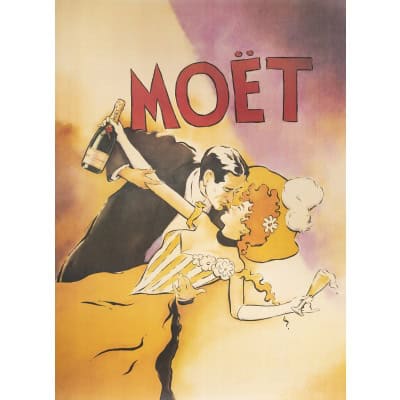 Affiche Originale, Vince McIndoe, Moët, Champagne, Belle Epoque, Smoking, Alcool, Boisson, Bouteille, Verre, Coupe, Flûte, Couple, Baiser, Moët et Chandon, LVMH, 1996