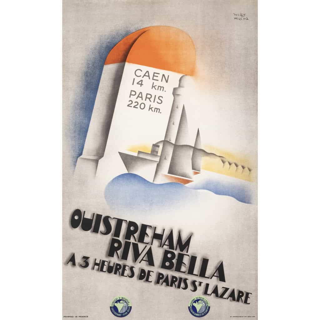 Affiche Tourisme Originale, Willy Mucha, Ouistreham, Riva Bella, Art Déco, Chemins de Fer, Transport, Voyage, Paris, Caen, La Manche, Bateau, Navire, Paquebot, Voilier, Phare, Mer, Plage, Sable, 1934 3