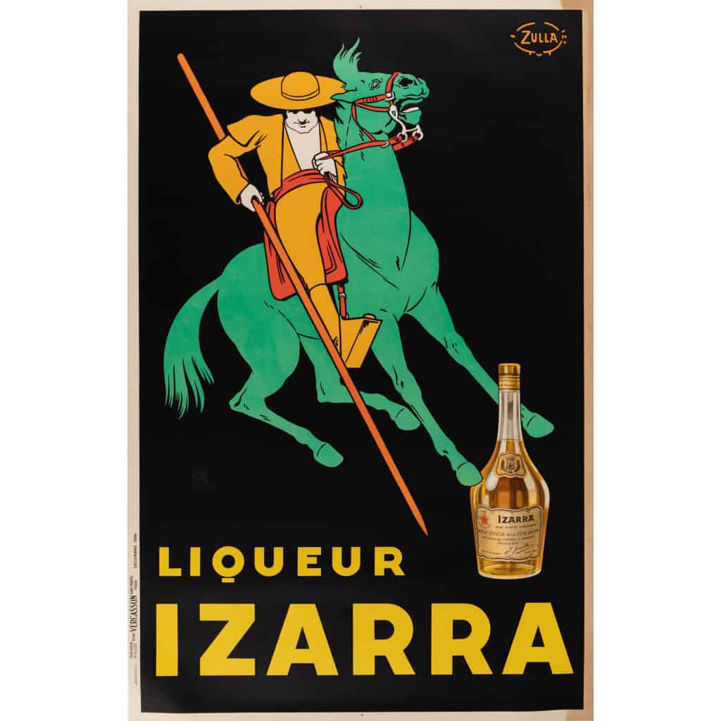 Affiche Originale, Zulla, Liqueur Izarra, Alcool, Apéritif, Spiritueux, Digestif, Distillerie, Bouteille, Boisson, Pays Basque, Equitation, Cheval, 1934 3