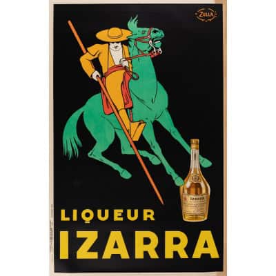 Affiche Originale, Zulla, Liqueur Izarra, Alcool, Apéritif, Spiritueux, Digestif, Distillerie, Bouteille, Boisson, Pays Basque, Equitation, Cheval, 1934