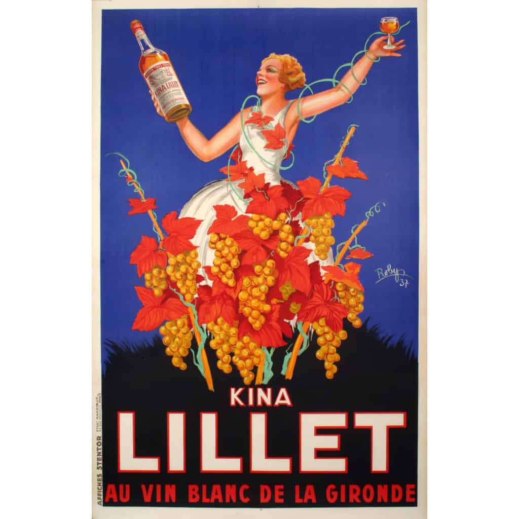 Affiche Originale, Robys, Kina Lillet, Alcool, Liqueur, Vin Blanc, Gironde, Bordeaux, Bouteille, Boisson, Verre, Femme, Grappe, Raisins, Quinine, 1937 3