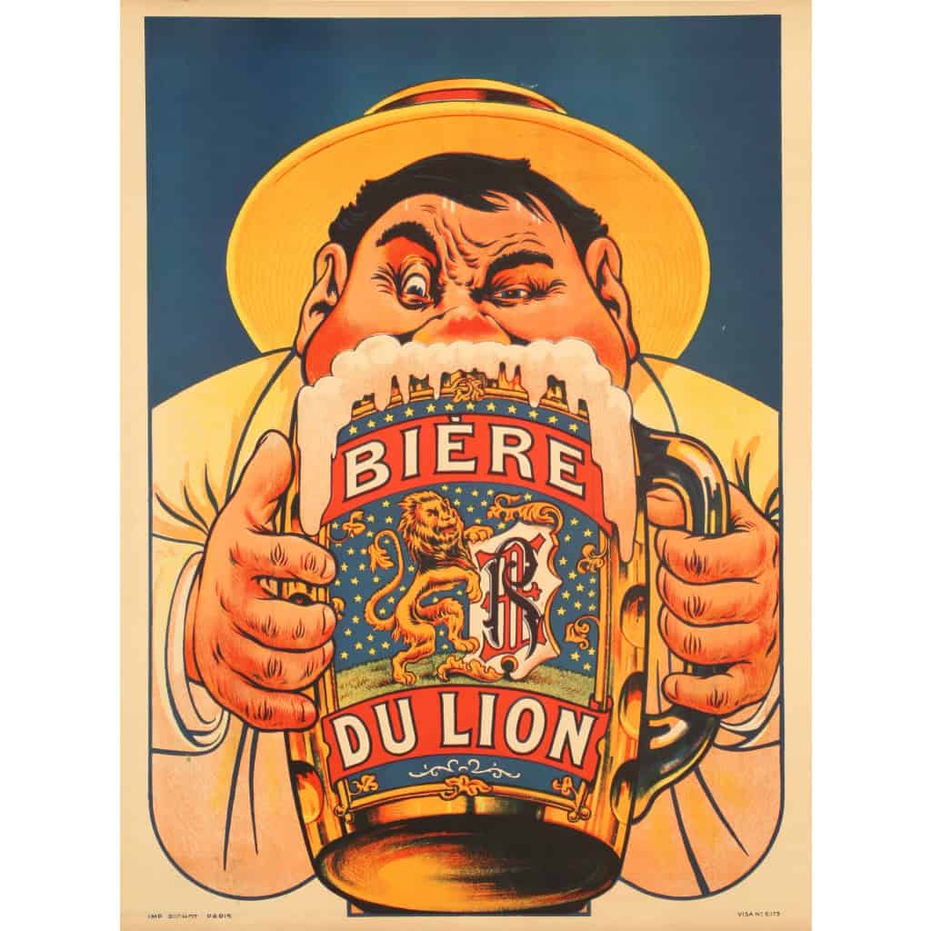 Affiche Originale, Eugène Ogé, Bière du Lion, Brasserie, Brasseur, Alcool, Boisson, Bouteille, Pinte, Chope, Blonde, Brune, Malt, Mousse, Caricature, c.1905 3