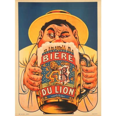 Affiche Originale, Eugène Ogé, Bière du Lion, Brasserie, Brasseur, Alcool, Boisson, Bouteille, Pinte, Chope, Blonde, Brune, Malt, Mousse, Caricature, c.1905