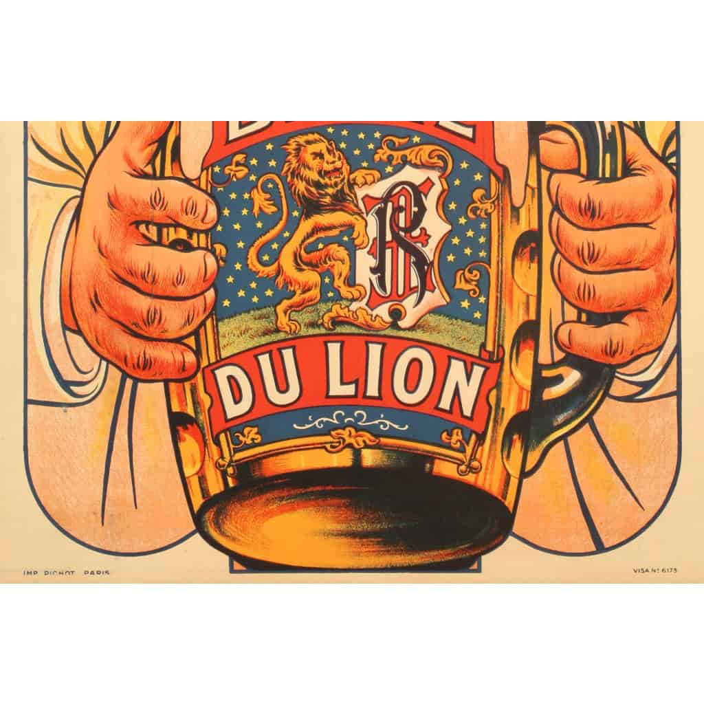 Affiche Originale, Eugène Ogé, Bière du Lion, Brasserie, Brasseur, Alcool, Boisson, Bouteille, Pinte, Chope, Blonde, Brune, Malt, Mousse, Caricature, c.1905 6